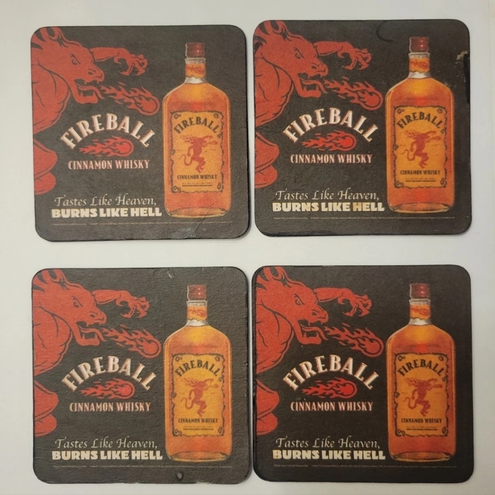 Set 4 Vintage Y2k Fireball Whiskey Promo Bar Coasters Advertising Cardboard